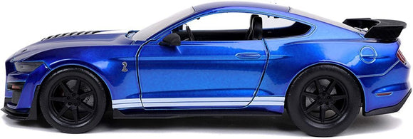 “Vista lateral del Mustang Shelby GT500 2020 escala 1:24 en azul metálico.”