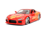 "Auto 1:24 FF - ORANGE JULIUS's Mazda RX-7 de Jada Toys con detalles que capturan su apariencia en la saga Fast & Furious."