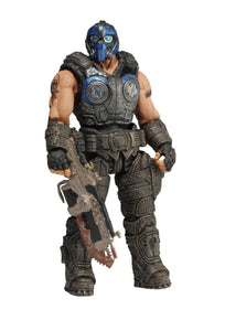 "Detalle de la figura de Clayton Carmine mostrando su armadura y rifle Lancer con motosierra."