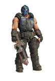 "Detalle de la figura de Clayton Carmine mostrando su armadura y rifle Lancer con motosierra."