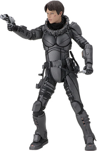 "Figura de acción Valerian de NECA con sus accesorios incluidos, como armas futuristas y detalles del traje."
