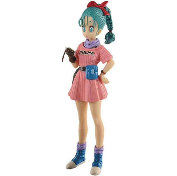“Figura de Bulma con vestido rosa, botas y radar del dragón.”