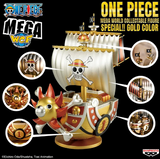 “Barco Thousand Sunny Gold con mástiles, banderas y base de soporte.”