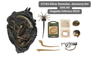 "Set de Accesorios Alien Romulus con todos los elementos incluidos: Pulse Rifle, asteroide fosilizado, Facehuggers y más."