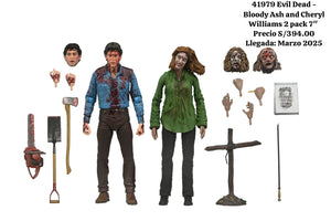 "Set completo de figuras de Ash y Cheryl Williams con sus accesorios: hacha, motosierra, pala, cabezas intercambiables, reloj de pared y cruz de cementerio."