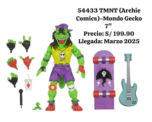 "Figura TMNT Mondo Gecko junto a todos sus accesorios: guitarra, patineta, micrófono, refrescos y más."