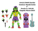 "Figura TMNT Mondo Gecko junto a todos sus accesorios: guitarra, patineta, micrófono, refrescos y más."