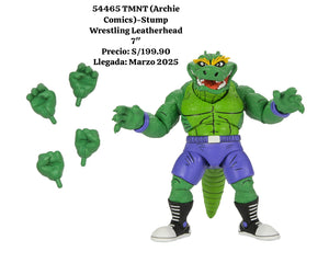 "Figura TMNT Stump Wrestling Leatherhead con manos intercambiables y detalles adicionales incluidos."