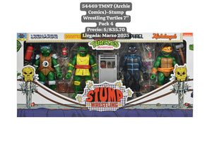 "Pack de figuras TMNT Stump Wrestling Turtles en su empaque original de NECA, incluye a las cuatro Tortugas Ninja."