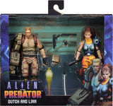 "Set de figuras Alien vs Predator Dutch y Lin con sus accesorios incluidos: cañón, katana y manos intercambiables."