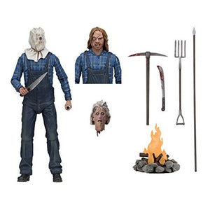 "Jason Parte 2 NECA con su set completo de accesorios: cabeza intercambiable, machete, lanza, y base con fuego."