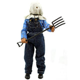 "Figura de Jason con accesorios: horca, cuchillo, antorcha y cabeza intercambiable."