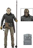 "Figura de Jason Voorhees con sus accesorios incluidos: máscara adicional y lápida de Jason."