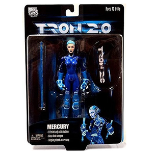 "Figura Mercury Tron 2 en su empaque original de NECA con detalles luminosos."