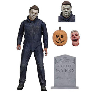 "Figura de Michael Myers con cabezas intercambiables, calabaza de Halloween y lápida de 'Judith Myers' incluidos."