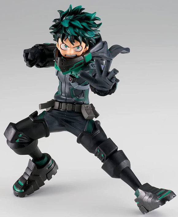 “Figura de Izuku Midoriya en pose de combate World Heroes de Bandai.”
