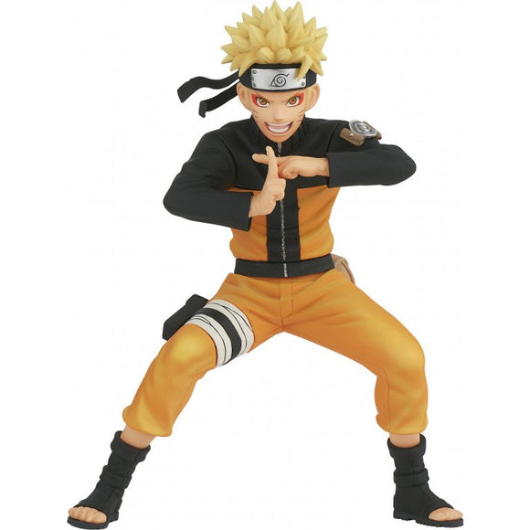 “Figura de Naruto en pose ninja con uniforme Shippuden.”