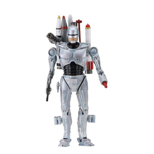 "Figura de acción Robocop con accesorios incluidos: lanzamisiles, pistola y mochila de combate."