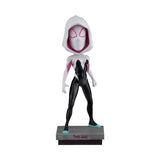 "Figura Spider-Gwen de NECA con base temática incluida, ideal para coleccionistas."