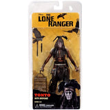 "Figura de acción Tonto Lone Ranger de 7 pulgadas en empaque original NECA, mostrando detalles de la película."