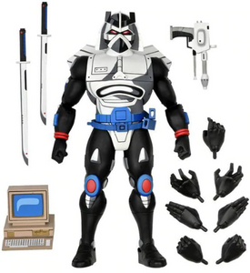 "Figura Chrome Dome de TMNT con accesorios incluidos: espadas, computadora, pistola y manos intercambiables."