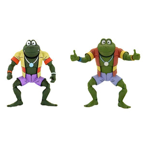 "2 Pack de figuras de Napoleón y Attila Frog con accesorios incluidos: bolsa de dinero, escudo y más."
