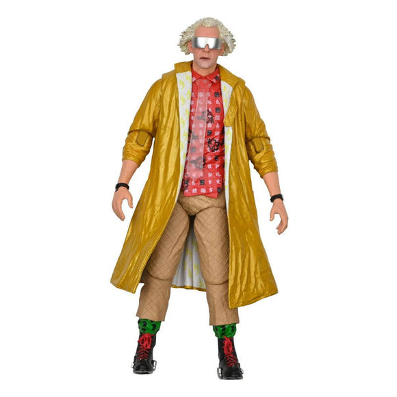 “Figura articulada Doc Brown 2015 con maletín y ropa futurista de NECA.”