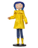 "Primer plano de la figura de Coraline NECA, destacando los detalles precisos del rostro y la ropa de tela."